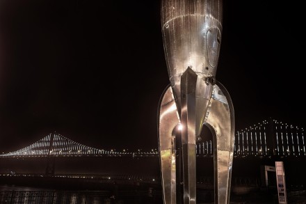 The iconic Raygun Gothic Rockethsip against the backdrop of the Bay Lights. Photo by John Curley.