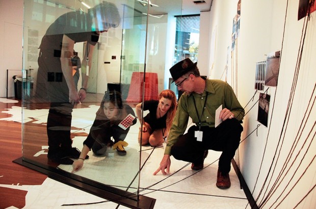 Artist Sean Orlando at the Urbanauts exhibit in the Kimball Gallery, deYoung Museum, San Francisco, CA. 2013.