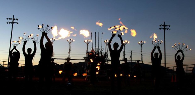 Controlled Burn dancers and flame effects at Fernley Rodeo Grounds (photo by Bill Kositzky) for Compression Art & Fire 2014 Fernley Multi-Cultural Festival.
