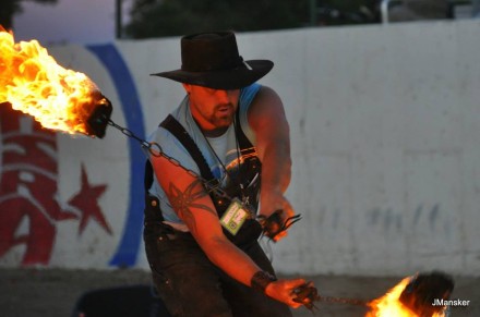 Ain't nothin' better than a cowboy doing fire for Fernley. Justin Cunningham (local event lead) spinning fire with Controlled Burn at Compression Art & Fire 2014 Fernley Multi-Cultural Festival (photo by Jerry Mansker).